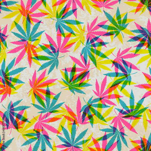 Marijuana inspired design. Reggae background with cannabis leaves. Geometric vintage risograph style.