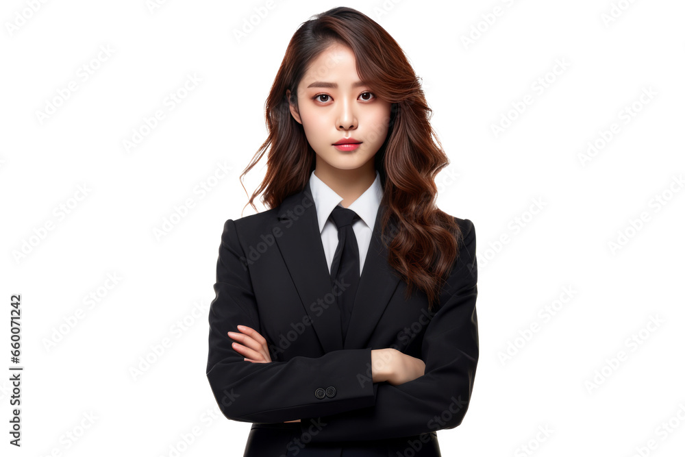 cute asian business woman in black suit and cross arms on transparent background cute asian business woman in black suit and cross arms on transparent background