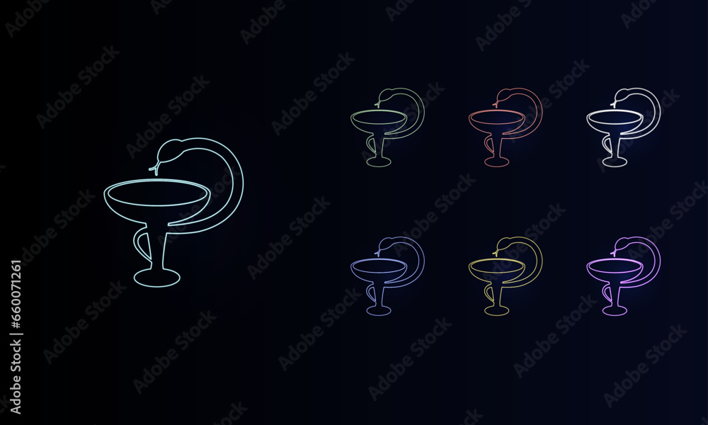 A set of neon medicine symbols. Set of different color symbols, faint neon glow. Vector illustration on black background A set of neon medicine symbols. Set of different color symbols, faint neon glow. Vector illustration on black background
