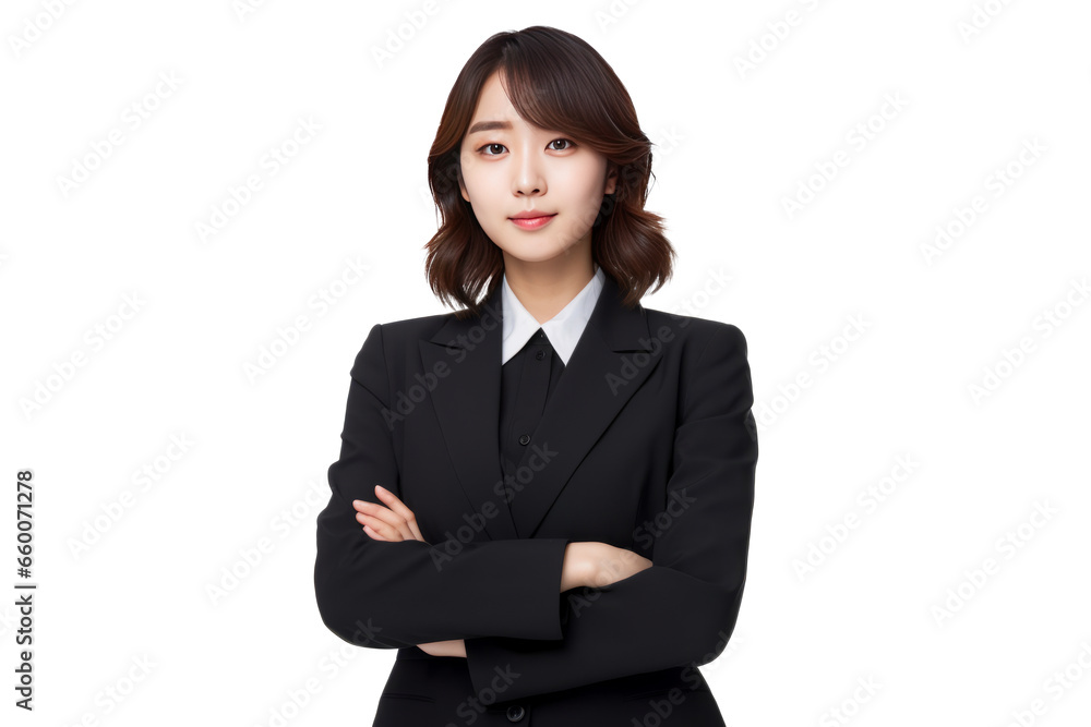 cute asian business woman in black suit and cross arms on transparent background cute asian business woman in black suit and cross arms on transparent background