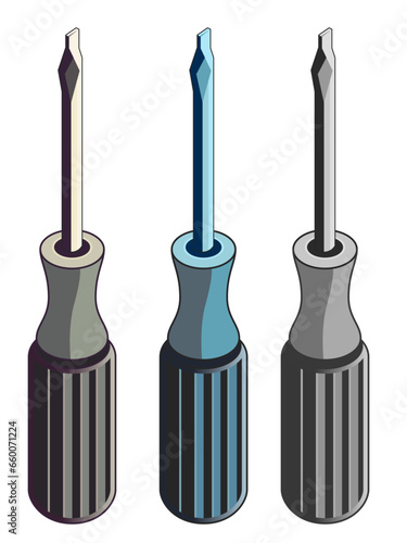 Sleek screwdriver in different colors vector illustration, cartoon style flat head screwdriver stock vector image