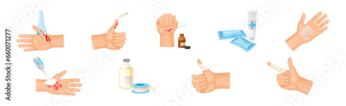 Hands with Injured Skin and Wound First Aid Vector Set