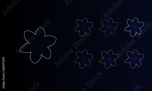 A set of neon narcissus flowers. Set of different color symbols, faint neon glow. Vector illustration on black background