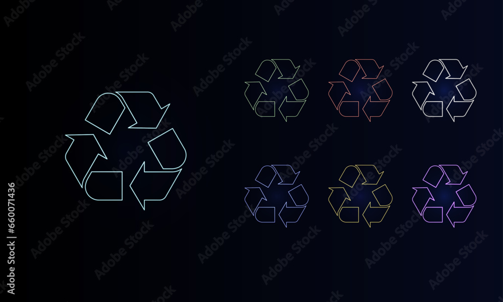 A set of neon recycling symbols. Set of different color symbols, faint neon glow. Vector illustration on black background A set of neon recycling symbols. Set of different color symbols, faint neon glow. Vector illustration on black background