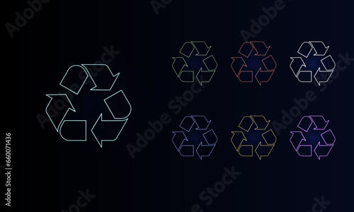 A set of neon recycling symbols. Set of different color symbols, faint neon glow. Vector illustration on black background