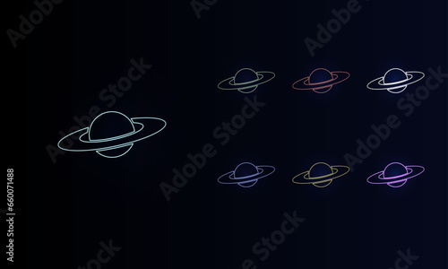 A set of neon saturn symbols. Set of different color symbols, faint neon glow. Vector illustration on black background