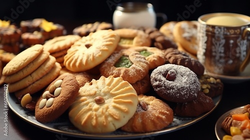 Cookies to celebrate the Islamic holiday of El-Fitr; Arabic cuisine.(The celebration that follows Ramadan). Various Eid Al-Fitr desserts, include kahk, cookies, and petit fours. close-up from the top.