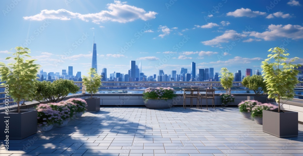 a flat roof with city views and potted plants on the terrace Generative AI - obrazy, fototapety, plakaty 