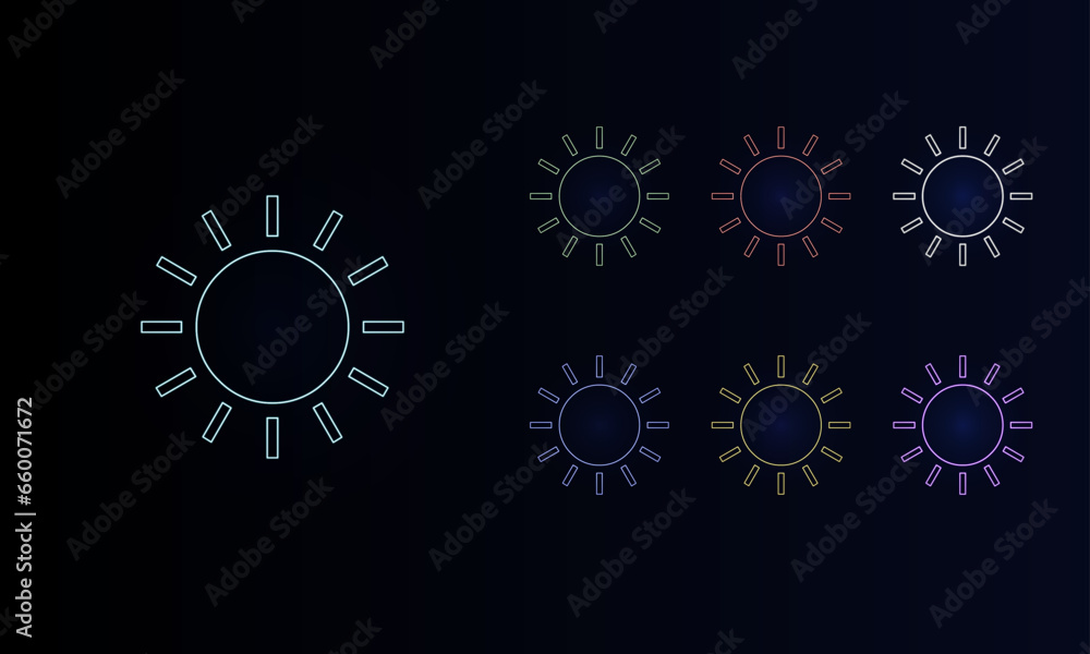 A set of neon suns. Set of different color symbols, faint neon glow. Vector illustration on black background A set of neon suns. Set of different color symbols, faint neon glow. Vector illustration on black background