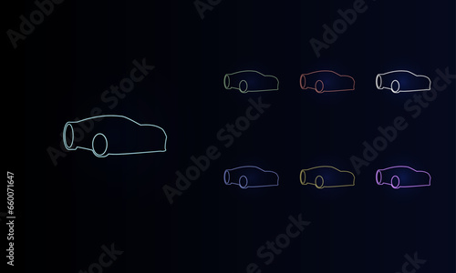 A set of neon sport car symbols. Set of different color symbols, faint neon glow. Vector illustration on black background