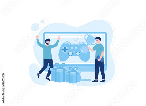 Online gamer get achievement trophy concept flat illustration
