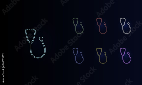 A set of neon stethoscope symbols. Set of different color symbols, faint neon glow. Vector illustration on black background