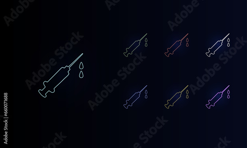 A set of neon syringe symbols. Set of different color symbols, faint neon glow. Vector illustration on black background