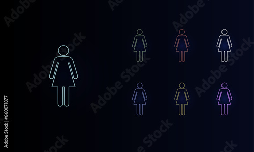 A set of neon woman symbols. Set of different color symbols, faint neon glow. Vector illustration on black background