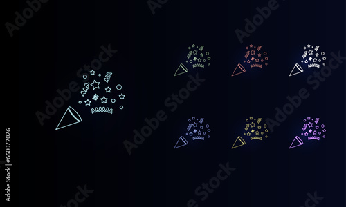 A set of neon exploding party poppers. Set of different color symbols, faint neon glow. Vector illustration on black background