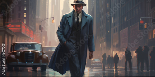 Create cinematic vintage gangster shot in dimly lit NYC street. photo