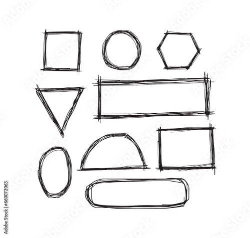 hand drawn geometric shapes set. scribble square, circle, hexagon, triangle, rectangle, ellipse shapes