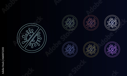 A set of neon stop coronavirus symbols. Set of different color symbols, faint neon glow. Vector illustration on black background