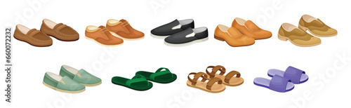 Different Man Shoes and Fashionable Footwear Vector Set