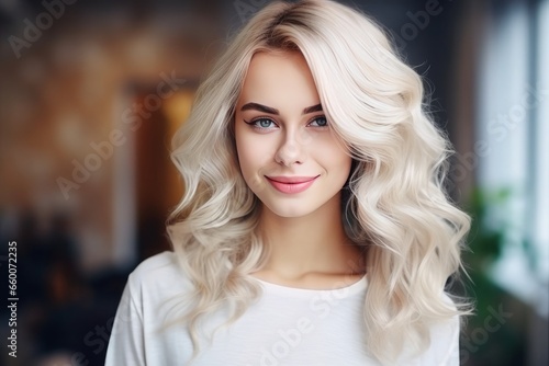 Beautiful girl hair coloring in ultra blond. Generative AI.