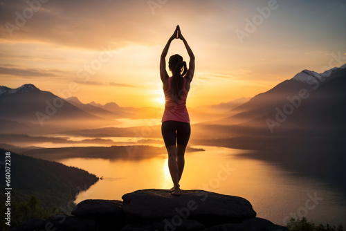 Young girl practice yoga, woman, lake, nature, sky, sunset, vacation, beautiful, water, landscape, outdoor, river, sea, summer, travel, view, balance, concentration, exercise, fit, fit photo