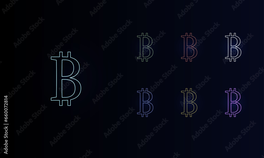 A set of neon bitcoin symbols. Set of different color symbols, faint neon glow. Vector illustration on black background