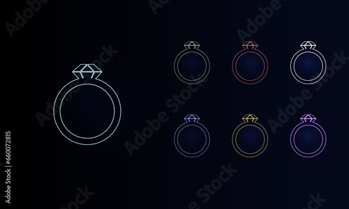 A set of neon diamond ring symbols. Set of different color symbols, faint neon glow. Vector illustration on black background