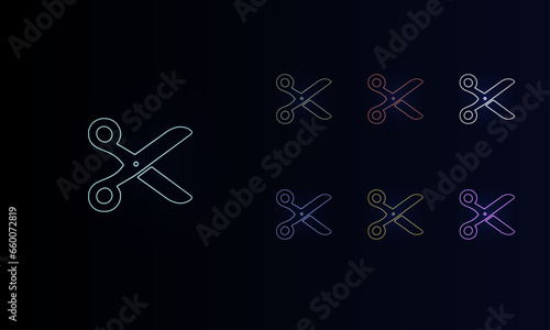 A set of neon scissors symbols. Set of different color symbols, faint neon glow. Vector illustration on black background