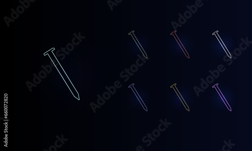 A set of neon metal nail symbols. Set of different color symbols, faint neon glow. Vector illustration on black background