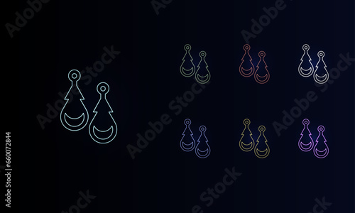 A set of neon earrings symbols. Set of different color symbols, faint neon glow. Vector illustration on black background