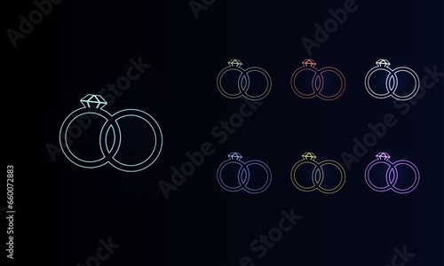A set of neon wedding rings symbols. Set of different color symbols, faint neon glow. Vector illustration on black background