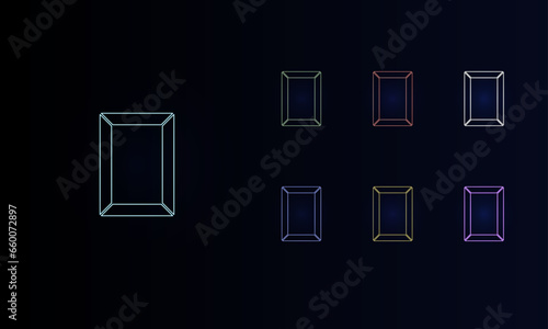 A set of neon photo frame symbols. Set of different color symbols, faint neon glow. Vector illustration on black background