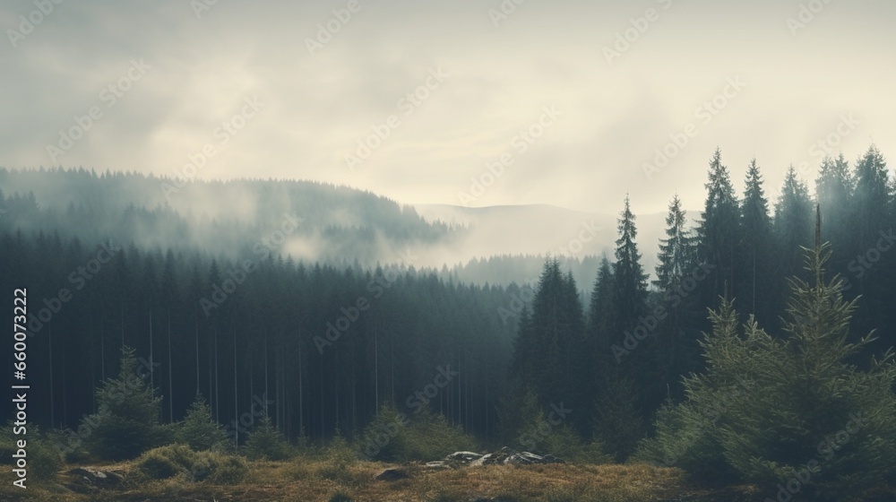 Hipster vintage retro style misty scene with fir forest