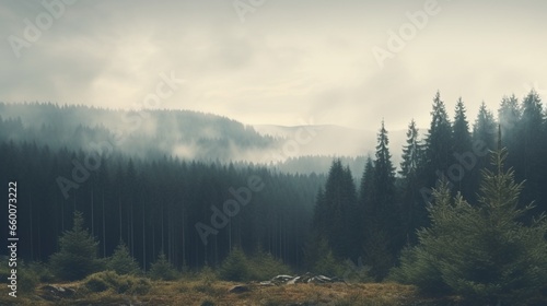 Hipster vintage retro style misty scene with fir forest