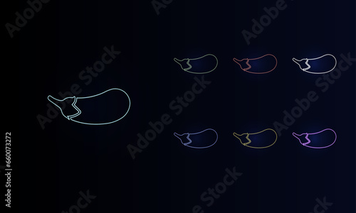 A set of neon eggplant symbols. Set of different color symbols, faint neon glow. Vector illustration on black background