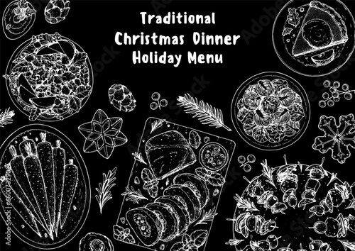 Christmas food. Christmas dinner. Holiday menu. Food design template. Engraved style background. Food and drink set. Hand drawn sketch, design template.