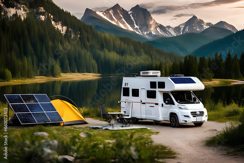 Fototapeta Solar panel charges RV battery enabling camping in nature