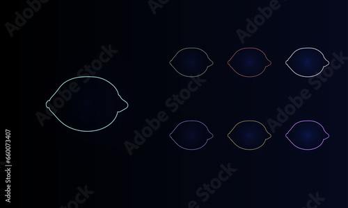 A set of neon lemon symbols. Set of different color symbols, faint neon glow. Vector illustration on black background