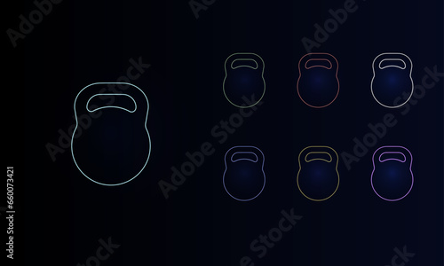 A set of neon sports weight symbols. Set of different color symbols, faint neon glow. Vector illustration on black background