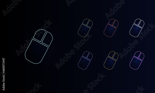 A set of neon computer mouse symbols. Set of different color symbols, faint neon glow. Vector illustration on black background
