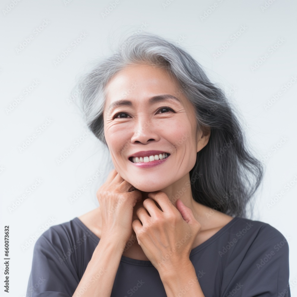 A smiling grey - haired asian woman touching her skin. A smiling grey - haired asian woman touching her skin.