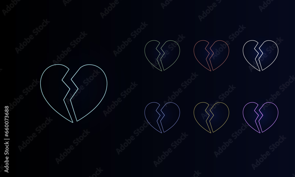 A set of neon broken heart symbols. Set of different color symbols, faint neon glow. Vector illustration on black background A set of neon broken heart symbols. Set of different color symbols, faint neon glow. Vector illustration on black background