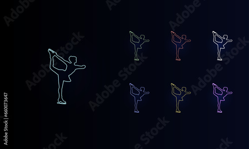 A set of neon female figure skating symbols. Set of different color symbols, faint neon glow. Vector illustration on black background
