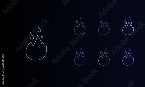 A set of neon fire symbols. Set of different color symbols, faint neon glow. Vector illustration on black background