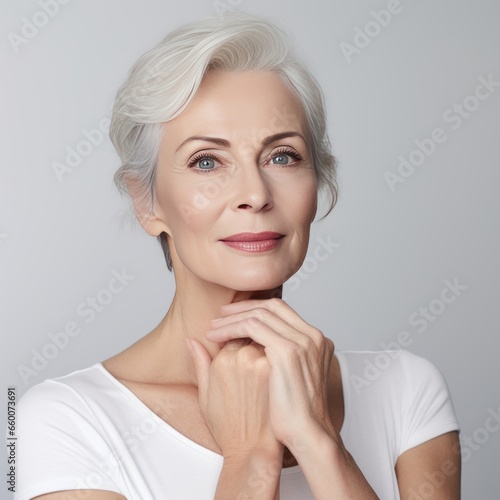 Adult senior older woman touching her perfect skin.