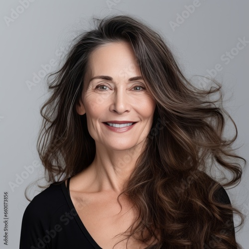 Beautiful styling smile woman 50 years-old long hair.