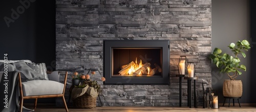A brick fireplace with a vertical insert burner or furnace photo