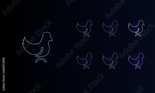 A set of neon chicken symbols. Set of different color symbols, faint neon glow. Vector illustration on black background
