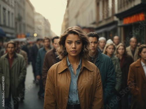 A bustling urban scene captures a large group of people gathered in the lively street. Amidst the crowd, there's a central focus on a confident woman, looking directly at the camera.