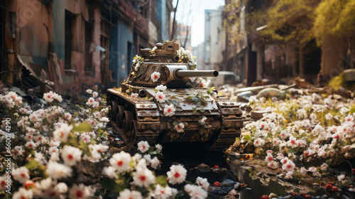 an armored tracked tank covered with flowers drives along a city street, anti-war action, no to war, military equipment, powerful weapons, armed conflict, army, spring blossoms, city © Julia Zarubina